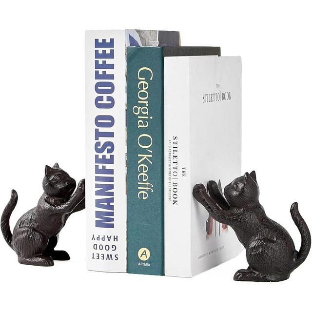 Denique Cat Decorative Bookends, Cute Book Ends to Hold Books, Bookends for Shelves, Unique Cast Iron Book Stopper for Heavy Books, Cat Office Decor, 1 Pair/2 PCS