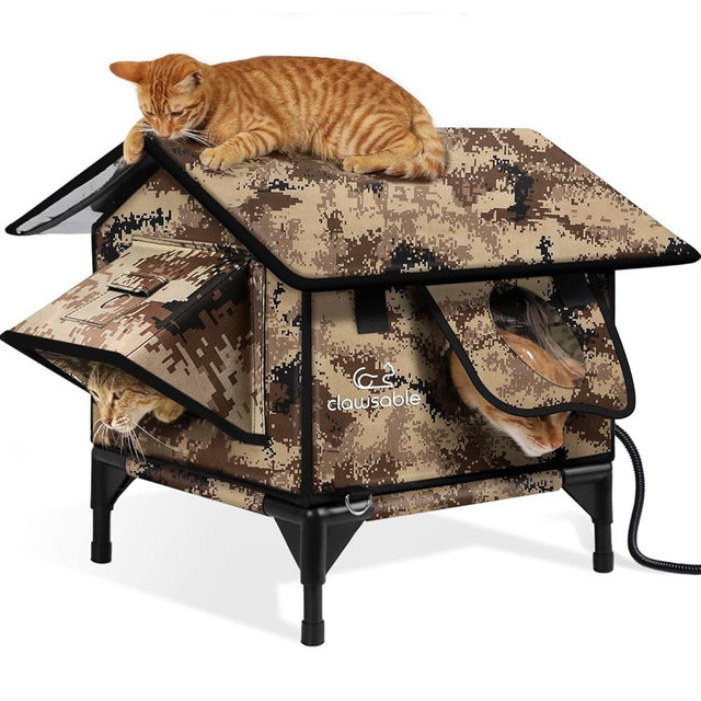 Indestructible Gable Roof Heated Cat House for Outside Winter, 100% Waterproof, Safe Escape Door, Insulated Outdoor Cat Shelter with Heater for Feral Barn Cat Kitty (Desert Camouflage, 15.5"x15"x19")