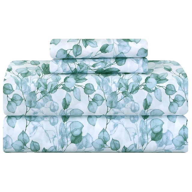 Feather & Stitch Printed 500 TC Full Size 4pc Damask Bed Sheet Set, 100% Soft Cotton Breathable Bedsheets, 18" Deep Pockets Sateen Weave Striped Bedding Mattress Resort Hotel Luxury Decor - Green Leaf