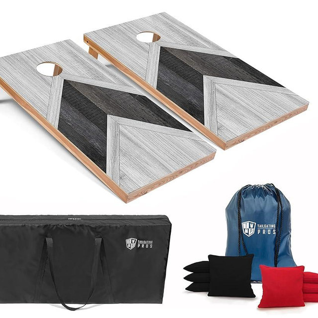 Tailgating Pros Lightweight Cornhole Boards - 4'x2' Modern Wooden Designs Cornhole Game w/Carrying Case & Set of 8 Corn Hole Bean Bags w/Tote