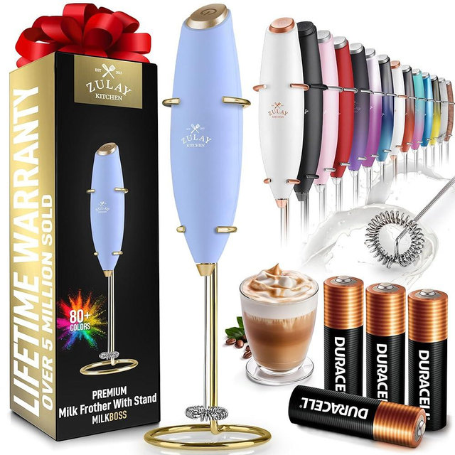 Zulay Kitchen Powerful Milk Frother Wand With 4 AA Duracell Batteries - Ultra Fast Handheld Drink Mixer - Electric Whisk Foam Maker for Coffee, Lattes, Cappuccino, Matcha, Hot Chocolate & Creamer