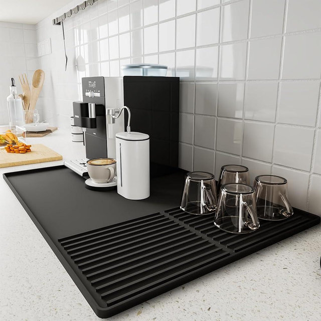 Silicone Coffee Mat with Raised Edges, , 24'' x 16'', Coffee Bar Mat for Countertops, Coffee Bar Accessories Fit Under Coffee Maker Espresso Machine, Dish Drying Mat (BLACK)