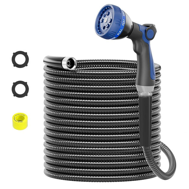 SPECILITE 75ft 304 Stainless Steel Garden Hose Metal, Heavy Duty Water Pipe with Nozzles for Yard, Outdoor - Flexible, Never Kink & Tangle, Puncture Resistant (Black)