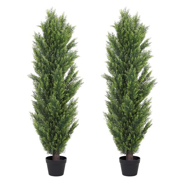 THE BLOOM TIMES 5ft Topiary Trees Artificial Outdoor – UV Resistant Faux Cedar Pine Cypress Bushes and Shrubs, Fake Potted Plants for Front Porch Outside Planter Patio Decor, Set of 2 (5 Foot)