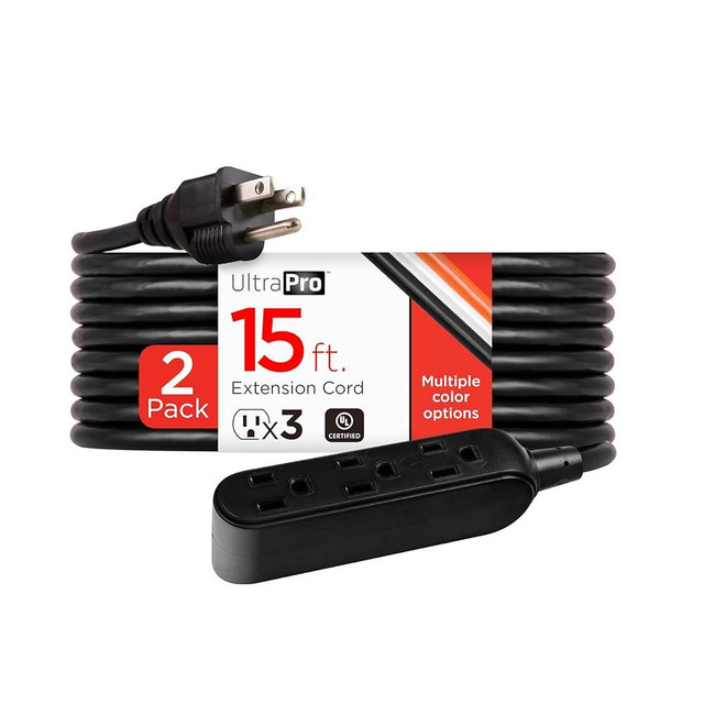 UltraPro 15 Ft Indoor Extension Cord 2 Pack 3 Outlet Power Strip Long Extension Cord with Multiple Outlets Grounded Heavy Duty 16 Gauge UL Listed Black 50791