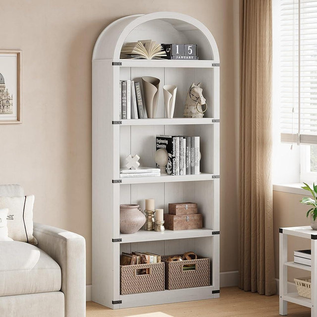 GarveeHome Bookcase 5 Shelf Arched Bookshelf 71.65 in Tall Bookcase Farmhouse Display Storage Rack Wooden Bookshelves for Home Office, Living Room (White)