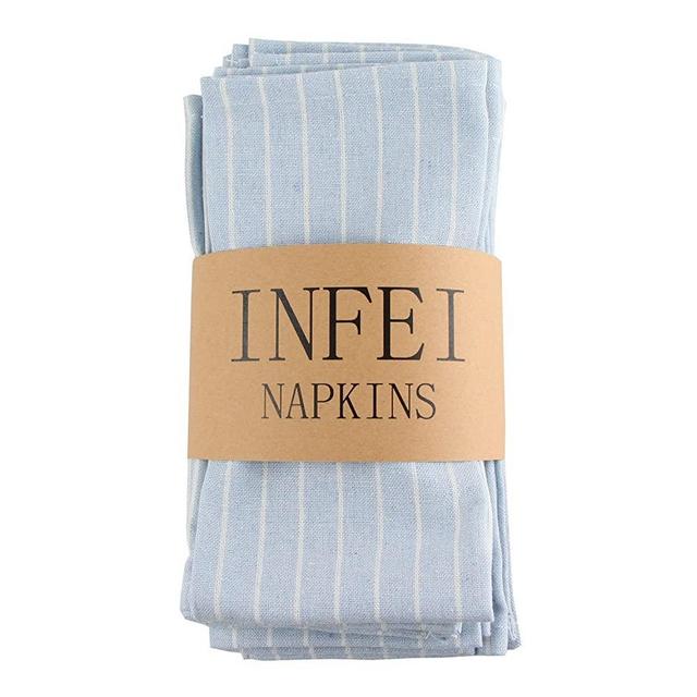 INFEI Soft White Striped Linen Cotton Dinner Napkins - Pack of 12 (17 x 17 inches) - for Events & Home Use (Sky Blue)