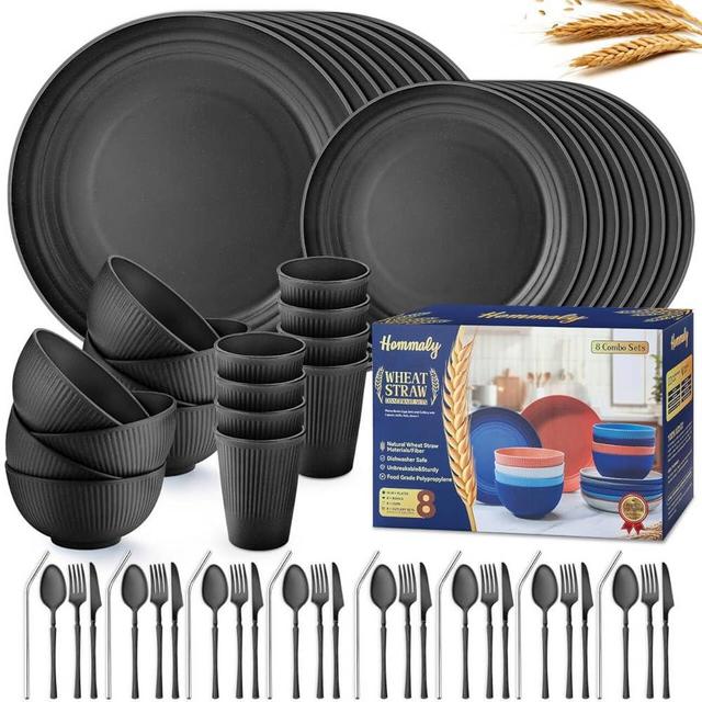 Wheat Straw Dinnerware Sets,64-Piece Black Plates and Bowls Sets for 8-Unbreakable,Reusable Plastic Dish Set-Dinner Plate/Dessert Plate/Cereal Bowl/Cup/Utensils-Microwavable Dishwasher Safe 64P-BLACK
