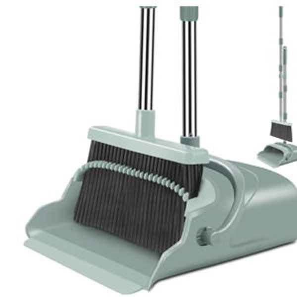 Upgrade Broom and Dustpan Set, Large Size and with Long Handle, Upright,Ideal for Indoor Outdoor Garage Kitchen Room Office Lobby Use (Green)