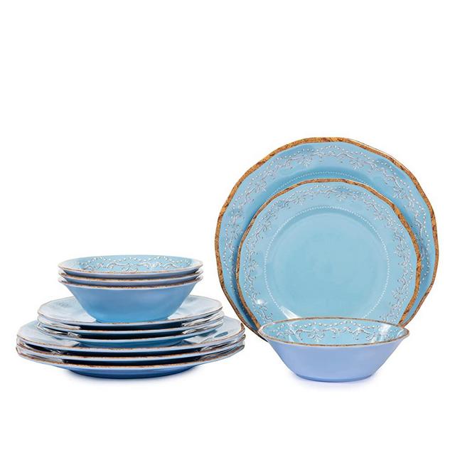 Melamine Dinnerware Sets, 12 PCS Dishwasher Safe 100% Melamine Dinner Plates, Dishes, and Bowls Set for Indoor and Outdoor Use