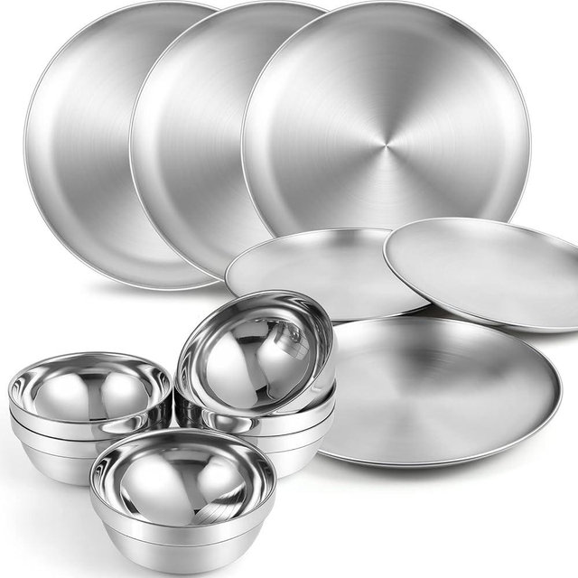 Sunnyray Stainless Steel Plates and Bowls Metal Camping Plates Reusable 13oz Steel Snack Feeding Serving Dinner Dishes Double Walled Insulated Metal Bowls for Kids(6 Set,8 Inch)