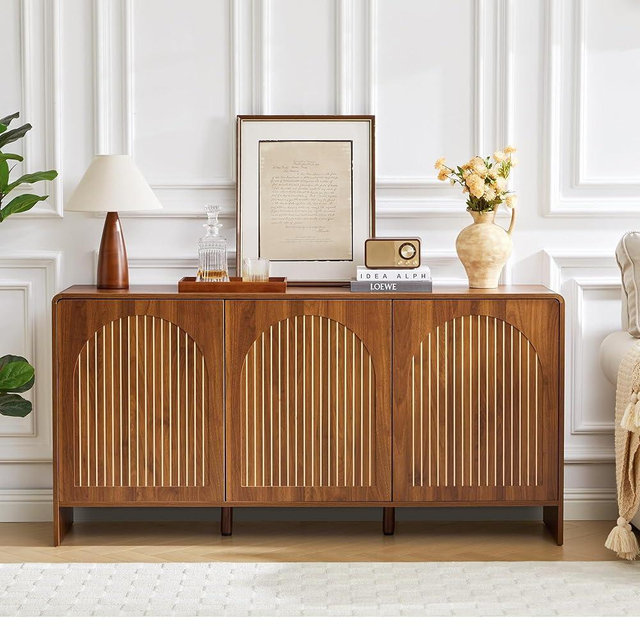 59" Long Sideboard Buffet Cabinet with 3 Door, Classical Wood Accent Storage Cabinet with Arched Trim & Striped Pattern for Living Room Console Table, Kitchen Coffee Buffet (3 Doors - Walnut)