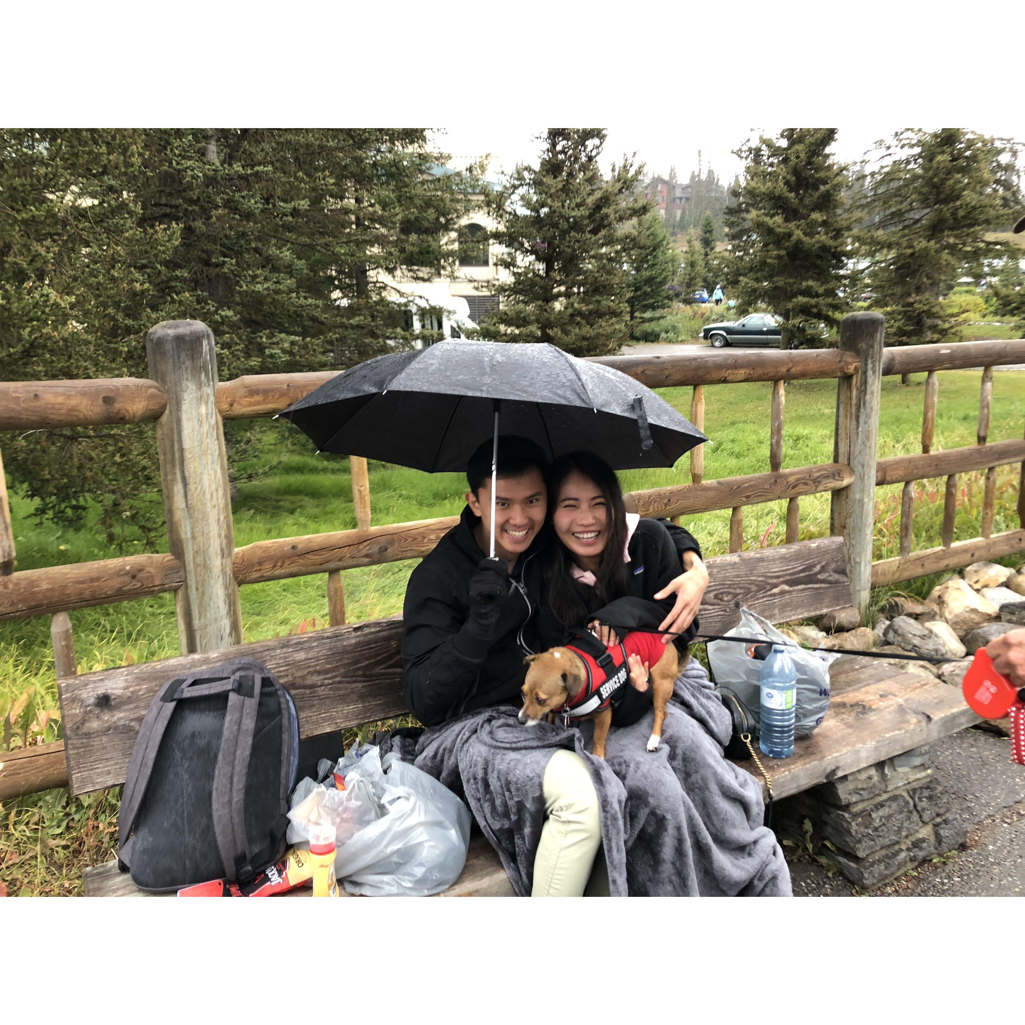 2018: Our first date in Banff National park! We brought all the supplies we needed for a picnic, but then it rained - we didn't let that stop us though :)