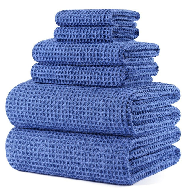 POLYTE 430 GSM Microfiber Quick Dry Lint Free Oversize Bath Towel Set, 6 Piece (Waffle Weave)