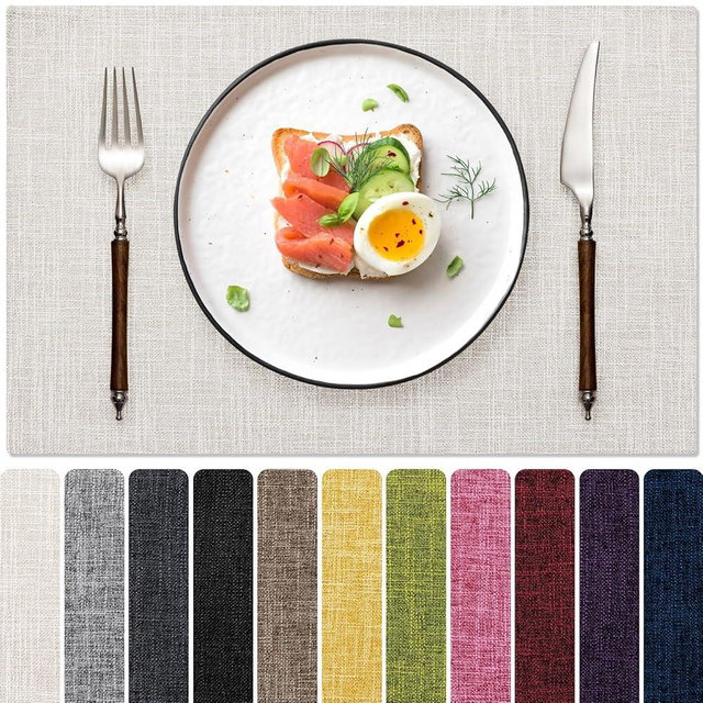 Blue Forest Placemats Set of 8, Dual-Layered Thickened Faux Linen Cloth Place Mats Heat Resistant Machine Washable Wrinkle Free Table Mats Indoor/Outdoor (Cream Beige)