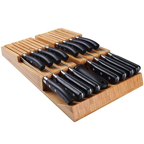 Bamboo In-Drawer Removable Knife Block Set for 16 Knives(Not Included), Large Washable Kitchen Knife set, Detachable Kitchen Storage Holder for Sharpening Steel and Cutter