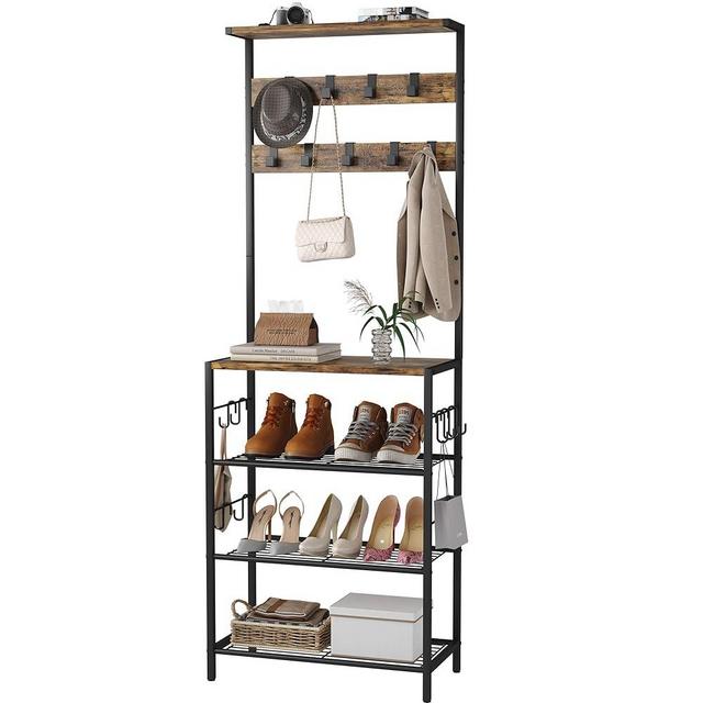HOMEFORT Coat Rack with Shoe Storage, 5-Tier Shoe and Coat Rack with 9 Clothes Hooks, Freestanding Hall Tree Organizer for Entryway, Bedroom, Rustic Brown