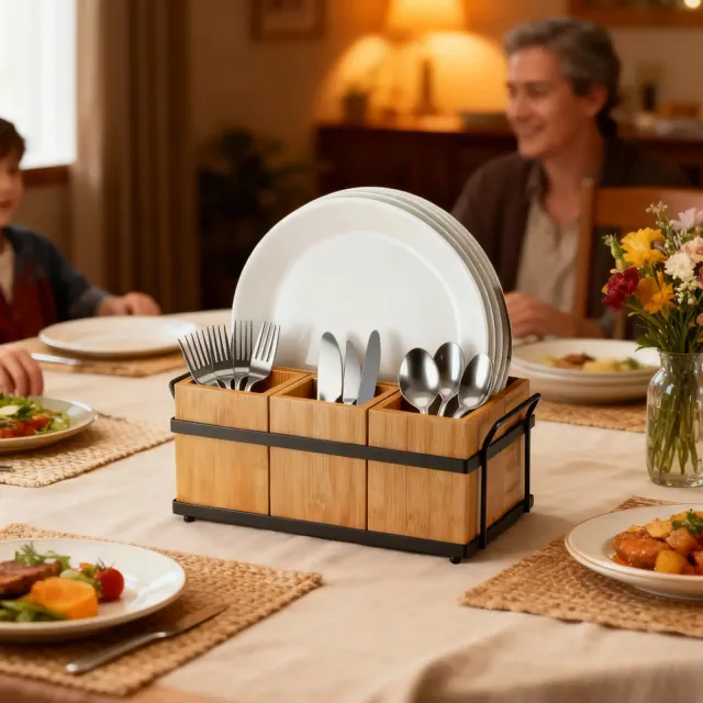 4 in-1 Bamboo Utensil Caddy with Removable Divider - Portable Kitchen & Dining Organizer for Cutlery, Napkins, Plates,