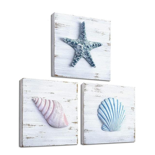 TideAndTales Beach Theme Seashell Wall Decor (Set of 3) | Shells and Starfish Beach Decor for Bathroom, Bedroom or Living Room | Rustic Coastal Decor | Beach Decorations for Home | Beach Wall Art