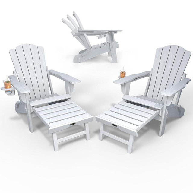 THOEOE Adjustable Adirondack Chairs with Retractable Ottoman Set of 2, HDEP Folding Adirondack Chair with Footrest & Cup Holder, All Weather Fire Pit Chair for Outdoor,White