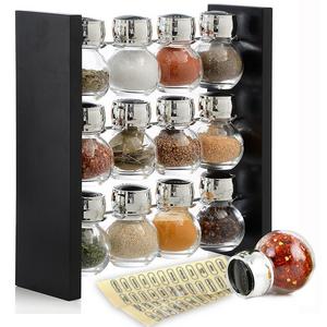 Blümwares Wood Herb and Spice Rack Stand with 12 Clear Glass Jar Bottles - Modern & Stylish Kitchen Organizer that Keeps Your Seasoning Bottles Within Reach (Spices Not Included)