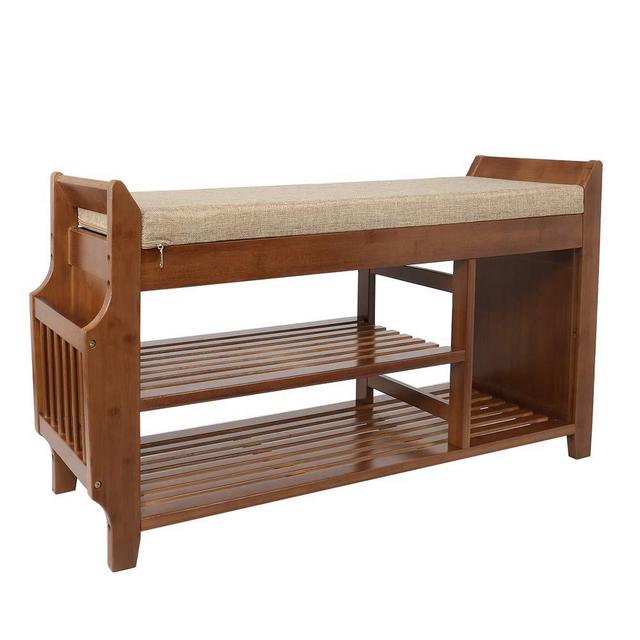 YUSING Bamboo Shoe Rack Bench with Removable Zippered Cushion, 2 Tier Entryway Shoe Storage Organizer Shelf with Hidden Drawer and Umbrella Stand for Bedroom, Living Room and Bathroom(Large)