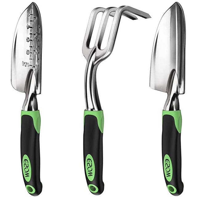 ESOW Garden Tool Set, 3 Piece Cast-Aluminum Heavy Duty Gardening Kit Includes Hand Trowel, Transplant Trowel and Cultivator Hand Rake with Soft Rubberized Non-Slip Ergonomic Handle, Garden Gifts