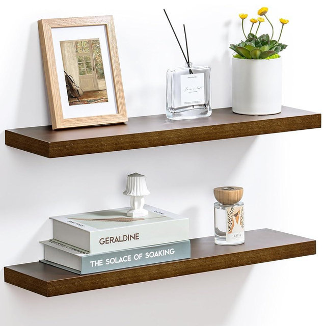 Fun Memories Floating Shelves, Rustic Hardwood Floating Wall Shelf for Storage, Wall Mounted Display Shelves for Bathroom, Living Room, Kitchen, 24" W x 6.7" D x 1.2" H, Walnut Color