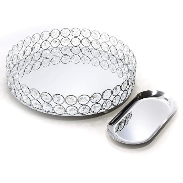 Lindlemann Mirrored Crystal Vanity Tray - Ornate Decorative Tray for Perfume, Jewelry and Makeup (Round, 10 inches, Silver)