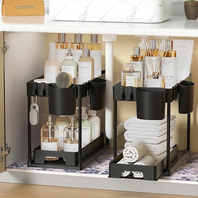 Okvpajdo Under Sink Organizers and Storage with Under Sink Mat, Pull Out Cabinet Organizer with Hooks and Hanging Cups, Multi-Use Bathroom Storage, Cabinet Organizer for Home Organization 2 Pack