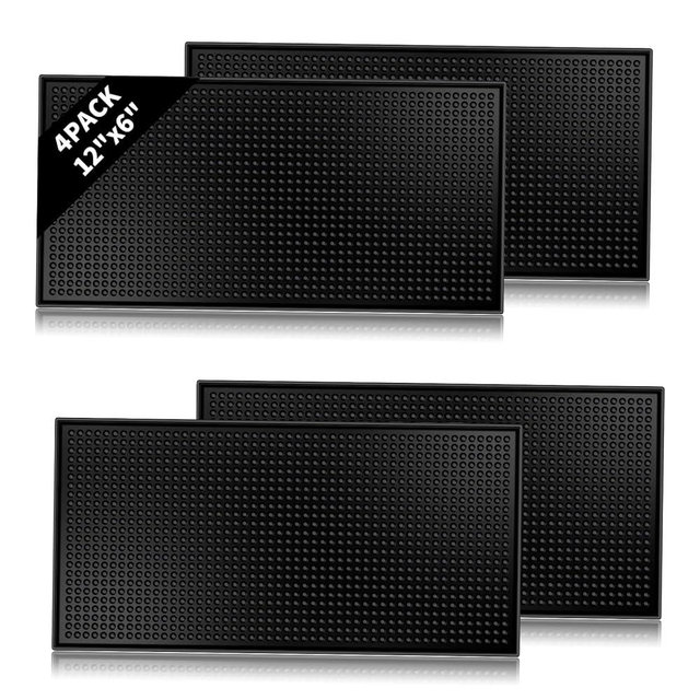 4 Pcs Bar Mats for Countertop 12 x 6 Inch Rubber Silicone Drink Bar Drying Coffee Non Slip Mat for Bartending Home Cocktail Bars Restaurants (Black)