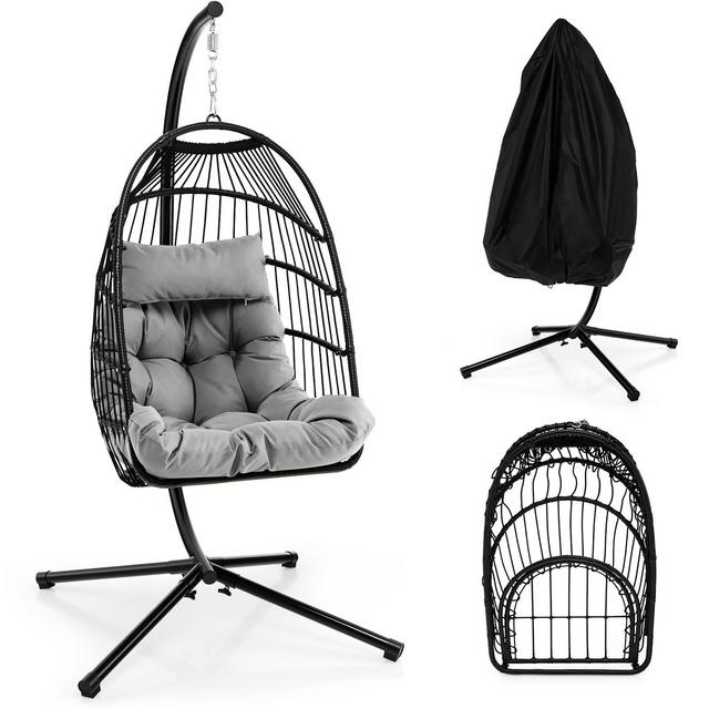 Tangkula Swing Egg Chair Hanging Basket Chair w/Stand Waterproof Cover & Cushion Grey