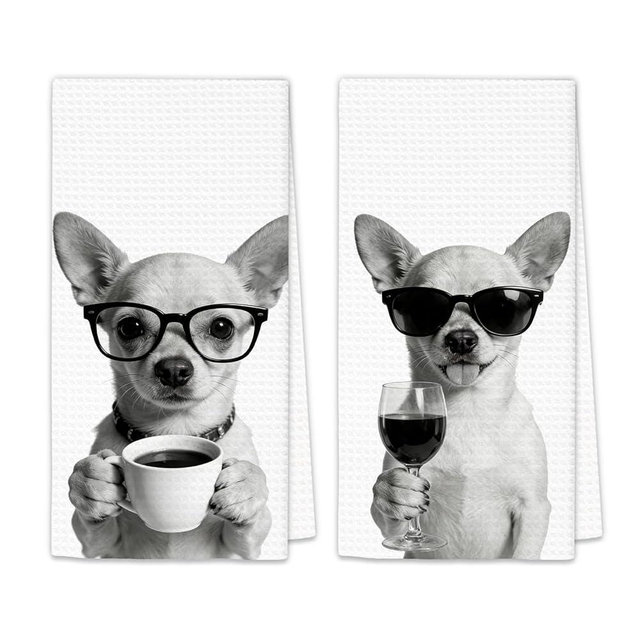 OINDADE Chihuahua Gifts Coffee Wine Kitchen Towels Set of 2, Coffee Dog Dish Tea Towel for Kitchen Decorative, Gifts for Chihuahua Lovers Hand Towels, Wine Lover Gift Dog Home Bar Decor, 16x24In