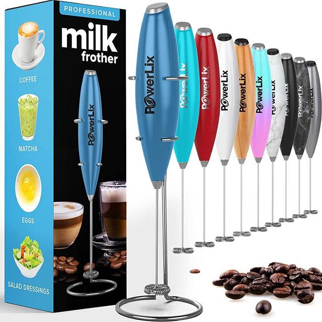PowerLix Milk Frother Handheld Battery Operated Electric Whisk Foam Maker For Coffee, Latte, Cappuccino, Hot Chocolate, Durable Mini Drink Mixer With Stainless Steel Stand Included (Blue Breeze)