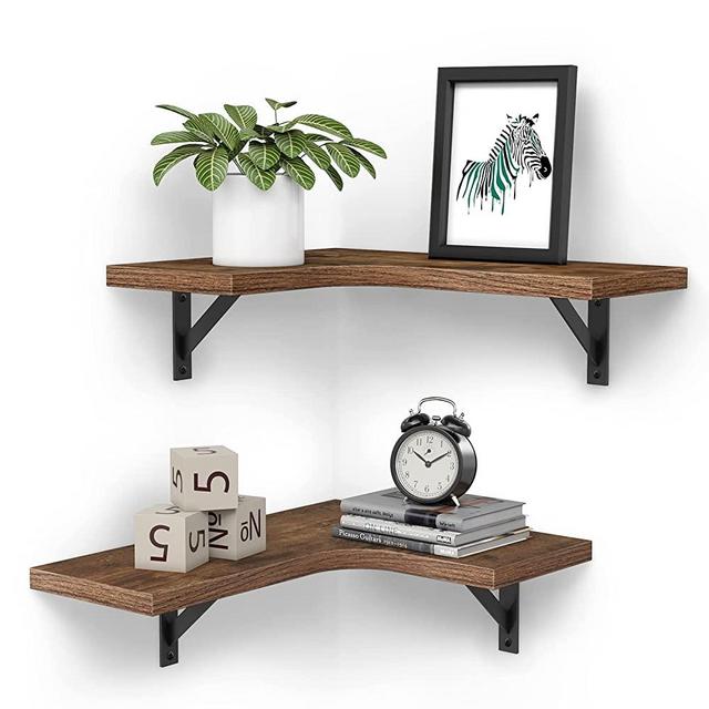 Corner Floating Shelves Wall Mounted, Redriver Rustic Wood Floating Wall Storage Shelves for Bathroom Bedroom Kitchen, Corner Wall Shelf Set of 2, Rustic Brown