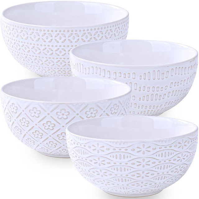 ARRADENS 24 OZ Large Soup Bowls Set of 4, Farmhouse Embossment Ceramic Cereal Bowls for Salad, Serving, Fruit, Snack, Noodle, Ramen, Pho, Microwave & Dishwasher Safe, 6 Inch White