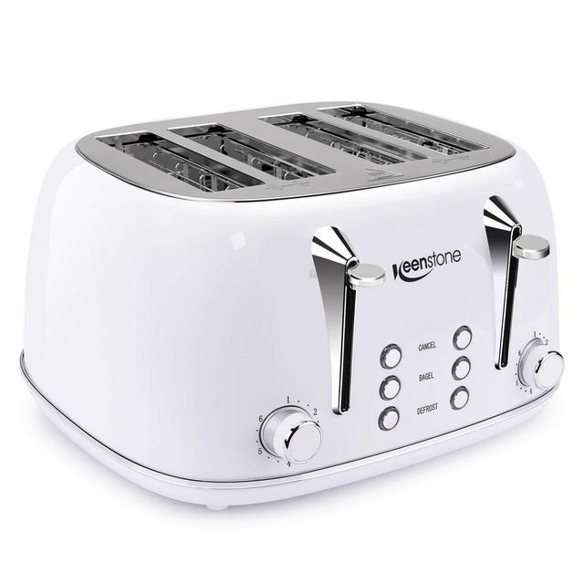 Toasters 4 Slice, Keenstone Retro Stainless Steel Bagel Toaster with 6 Browning Settings - White