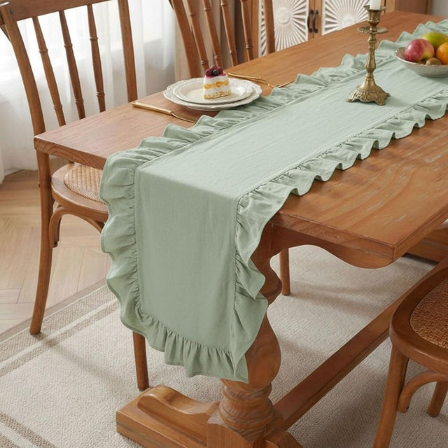 HunnmingRe Green Ruffled Table Runner 118 inch Scalloped Table Runner Cotton Flounces Washable Shabby Farmhouse Rustic Home Kitchen Decoration for Wedding Rectangle Bride Shower Christmas Party