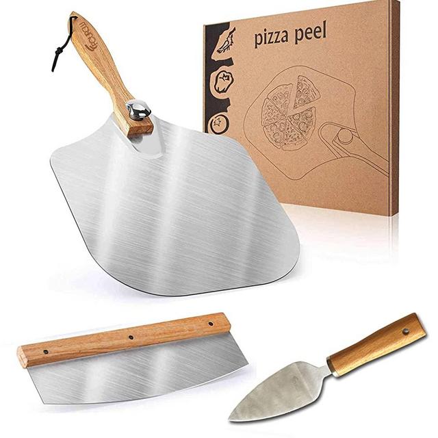 Pizza Peel Set Aluminum + Pizza Server + Pizza Cutter with Foldable Wooden Handle Pizza Peel Set Easy to Use Easy Storage Set of 3 Pro Baking Pizza Tools Fourgw