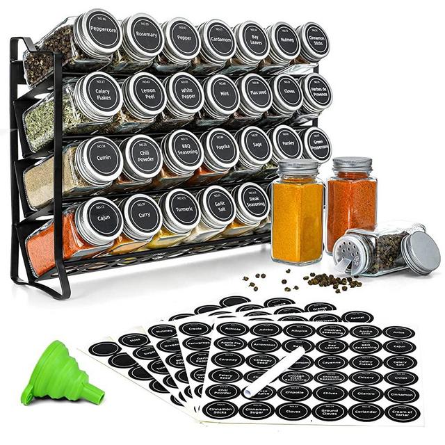 Spice Rack with 28 Spice Jars, Spice Rack Organizer for Cabinet, Spice Jars with Labels, Chalk Marker and Funnel, 4 Tier Spice Rack for Cabinet, Countertop, Pantry, Cupboard, Door or Wall Mount