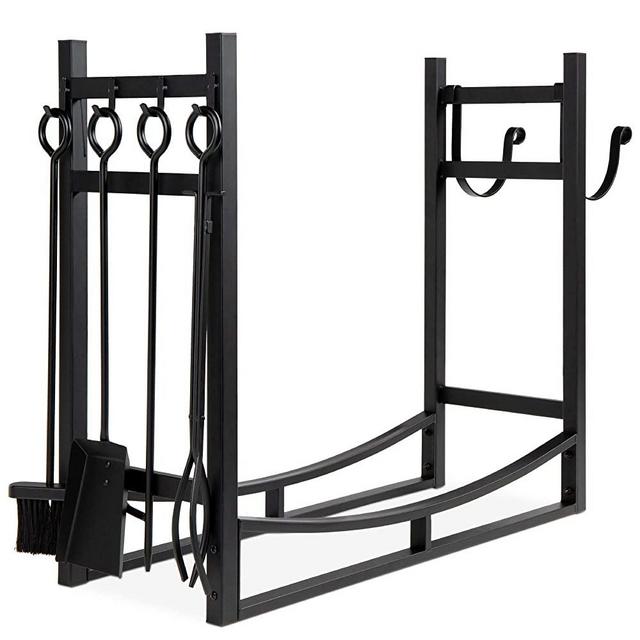 Best Choice Products 33.5in Firewood Log Rack & Tool Set Steel Wood Storage Accessory for Indoor Outdoor Fire Pit, Fireplace w/Kindling Holder, Shovel, Poker, Tongs, Brush