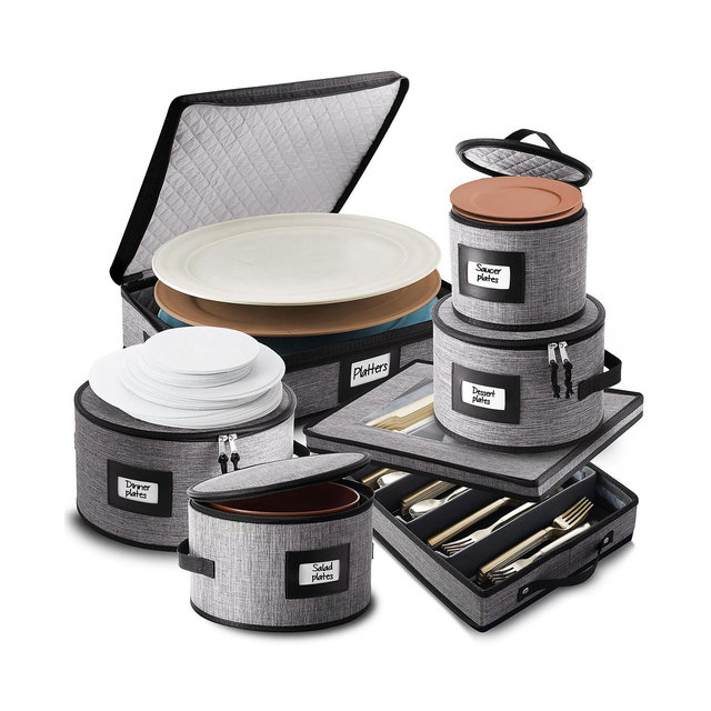 6 Piece Hard Shell Fine China Plates, Platters and Silverware Storage Set - Holds a 12 Serving Set