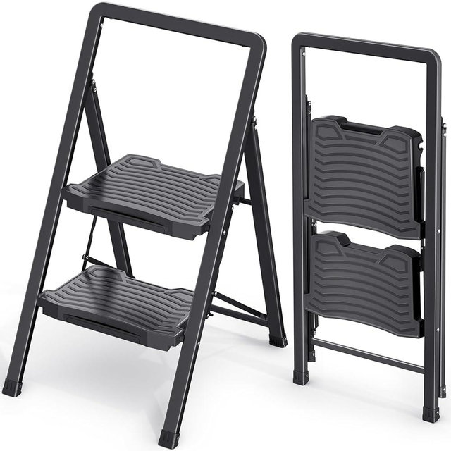 KINGRACK 2 Step Ladder 800lb Capacity, Folding Step Stool with Wide Anti-Slip Pedal & Safety Handrails, Lightweight Steel Ladder for Kitchen, Pantry, Office, Black