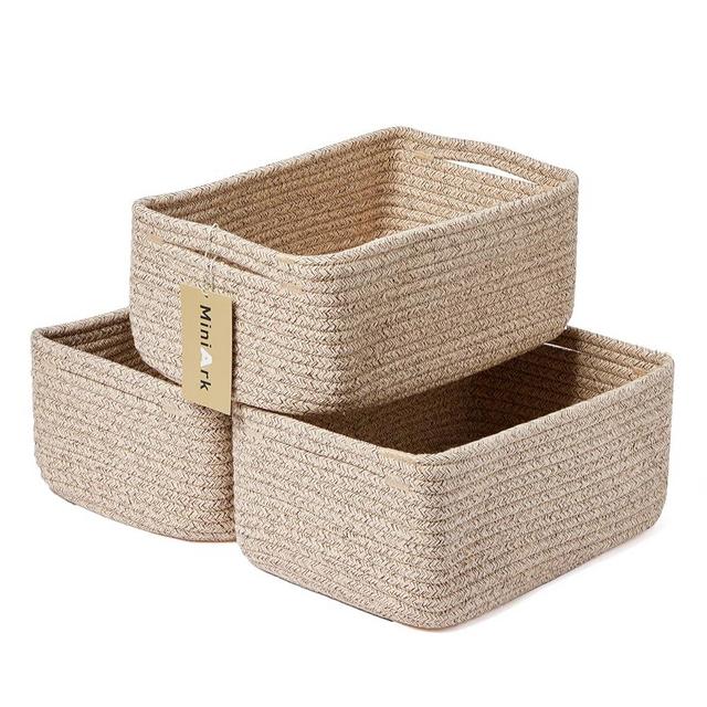 MiniArk Shelf Storage Baskets for Organizing | Closet Organizer Bins | Small Baskets | Toy Basket | Cute Decorative Basket | Cube Storage Bin | Woven Rope Basket | 13×8.5×5.1” | 3 Packs Mixed Brown