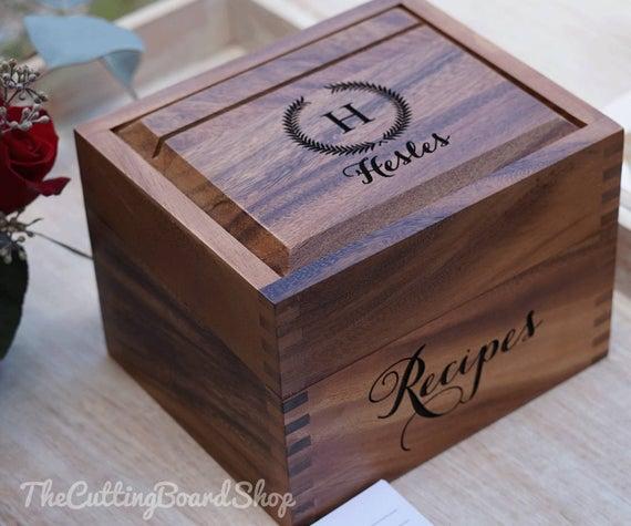 Personalized wedding recipe box, Acacia wood - custom heirloom recipe box