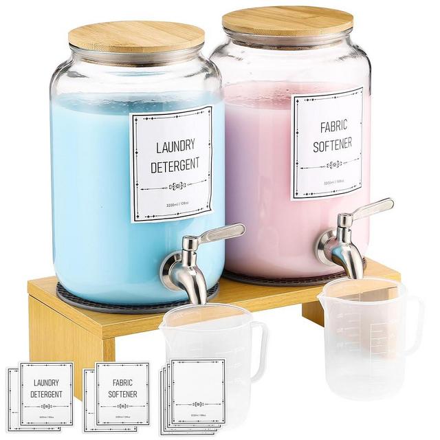 Laundry Detergent Dispenser. 0.9 Gallon Glass Laundry Soap Liquid Laundry Detergent Dispense. Fabric Softener Dispenser with Stand and Bamboo Lid. Laundry Room Organization and Storage