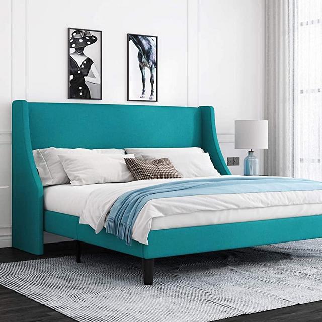 Allewie King Size Modern Platform Bed Frame with Deluxe Wingback/Upholstered Bed Frame with Headboard/Wood Slat Support/Mattress Foundation/Peacock Green