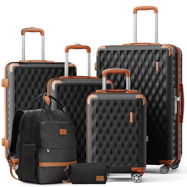 Melalenia Suitcase Sets 6 Piece Hard Shell Carry on Luggage with Spinner Wheels and TSA Lock, Lightweight Travel Backpack for Women, Men, Black Brown