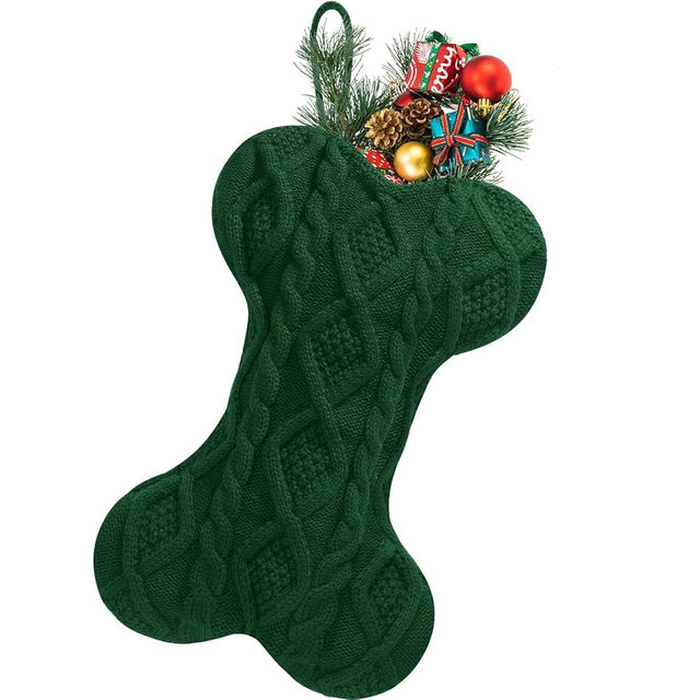 Doitory Dog Christmas Stocking, Large Bone Shape Knit Christmas Stockings for Dogs, Xmas Party Hanging Stocking for Fireplace Tree Gift Home Decoration (Green)