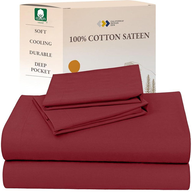 California Design Den Deep Pocket Queen Sheets Set - Natural 100% Cotton Sheets Queen Size Bed Set, Soft Sateen Weave, Breathable and Durable Bedding (Brick Red)